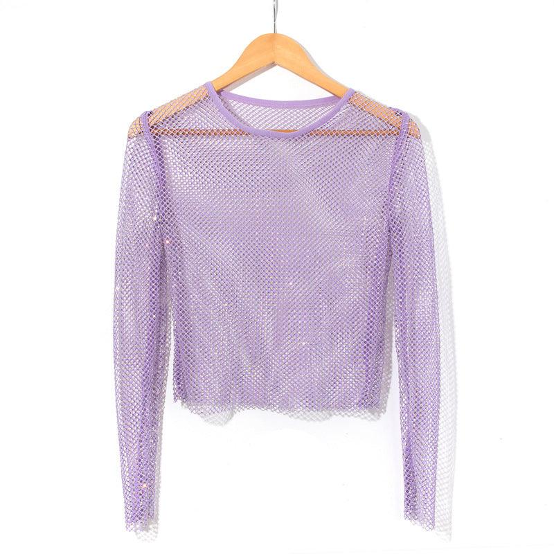 Women's Fashion Simple Solid Color Mesh Rhinestone Long Sleeve Top - Nioor