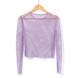 Women's Fashion Simple Solid Color Mesh Rhinestone Long Sleeve Top - Nioor