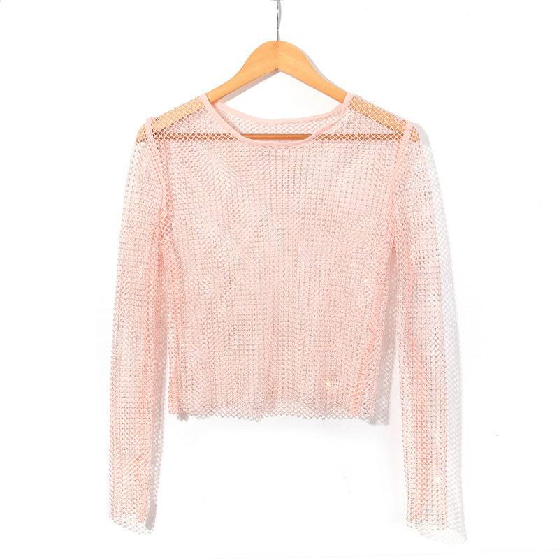 Women's Fashion Simple Solid Color Mesh Rhinestone Long Sleeve Top - Nioor