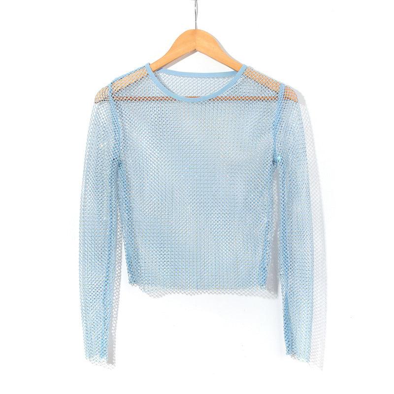 Women's Fashion Simple Solid Color Mesh Rhinestone Long Sleeve Top - Nioor