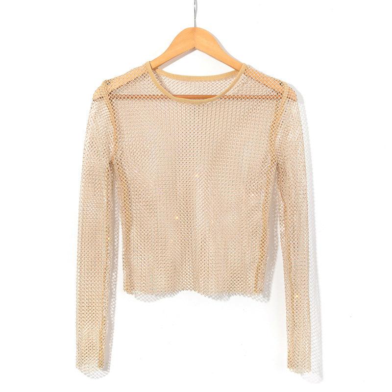 Women's Fashion Simple Solid Color Mesh Rhinestone Long Sleeve Top - Nioor