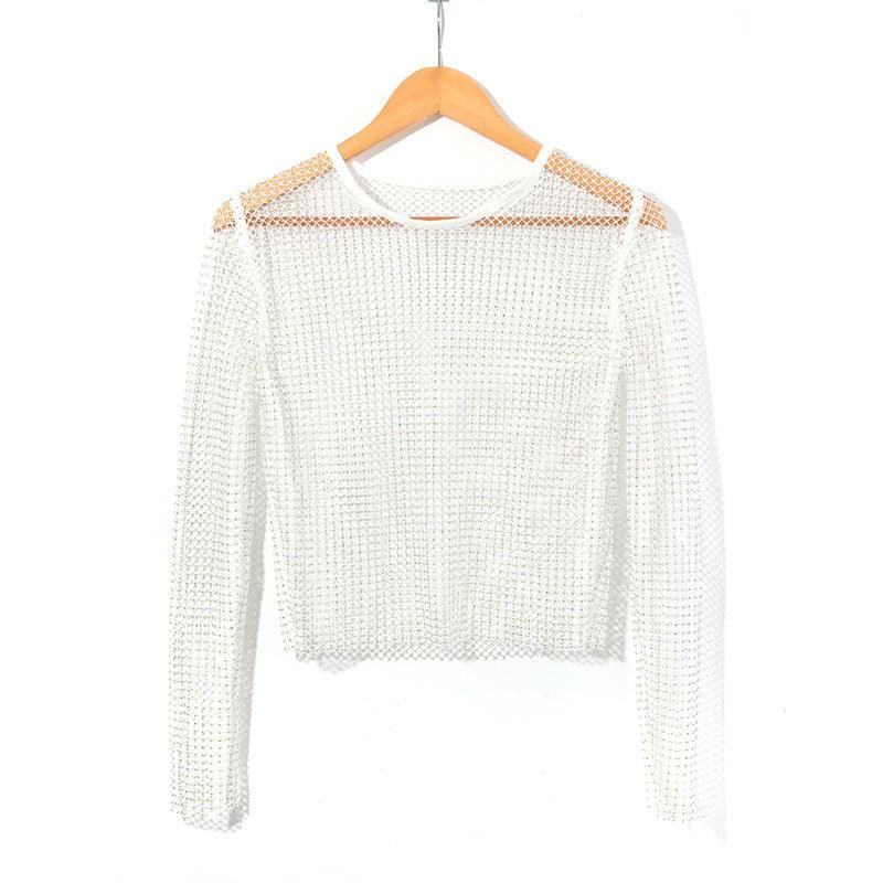 Women's Fashion Simple Solid Color Mesh Rhinestone Long Sleeve Top - Nioor