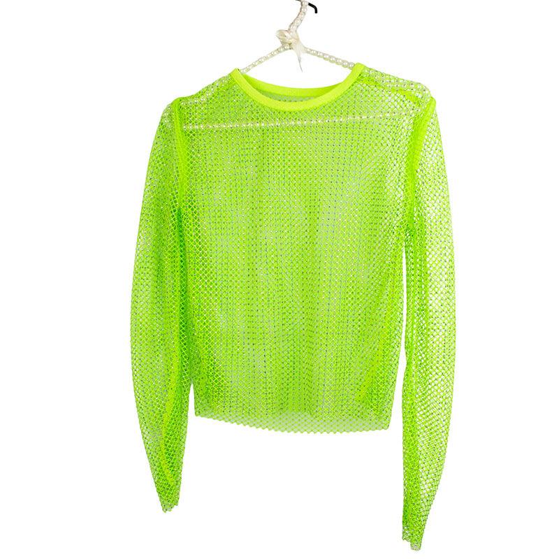 Women's Fashion Simple Solid Color Mesh Rhinestone Long Sleeve Top - Nioor