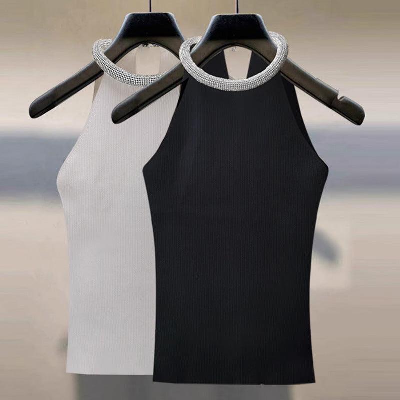 Women's Fashion Sleeveless Slim Round Neck Diamond Halter Spaghetti-strap Camisole Top - Nioor