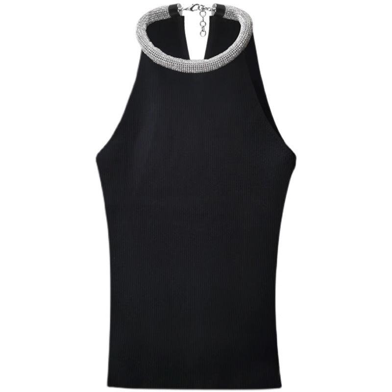 Women's Fashion Sleeveless Slim Round Neck Diamond Halter Spaghetti-strap Camisole Top - Nioor