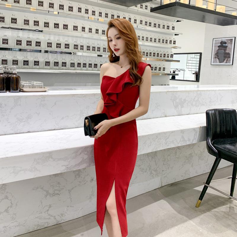 Women's Fashion Slim Fit Slimming Oblique Shoulder Ruffles Formal Dress - Nioor