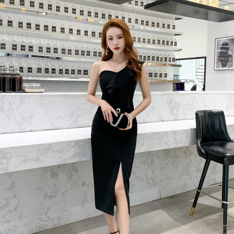 Women's Fashion Slim Fit Slimming Oblique Shoulder Ruffles Formal Dress - Nioor