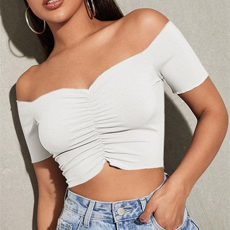 Women's Fashion Slimming Solid Color Off-shoulder Top T-shirt - Nioor