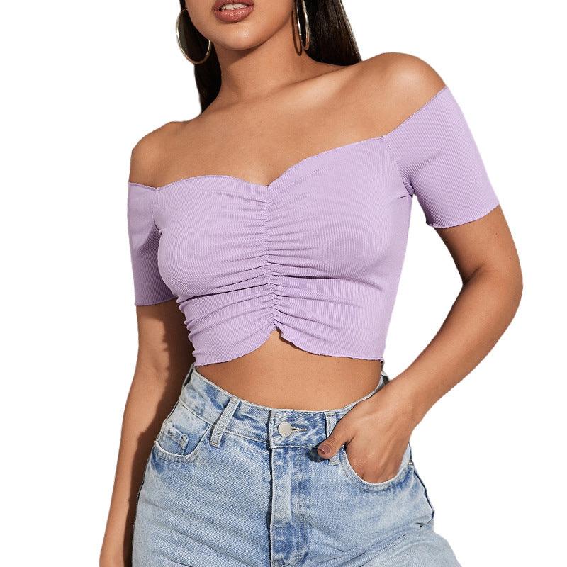 Women's Fashion Slimming Solid Color Off-shoulder Top T-shirt - Nioor