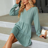 Women's Fashion Solid Color And V-neck Stitching Long Sleeve Loose Dress - Nioor