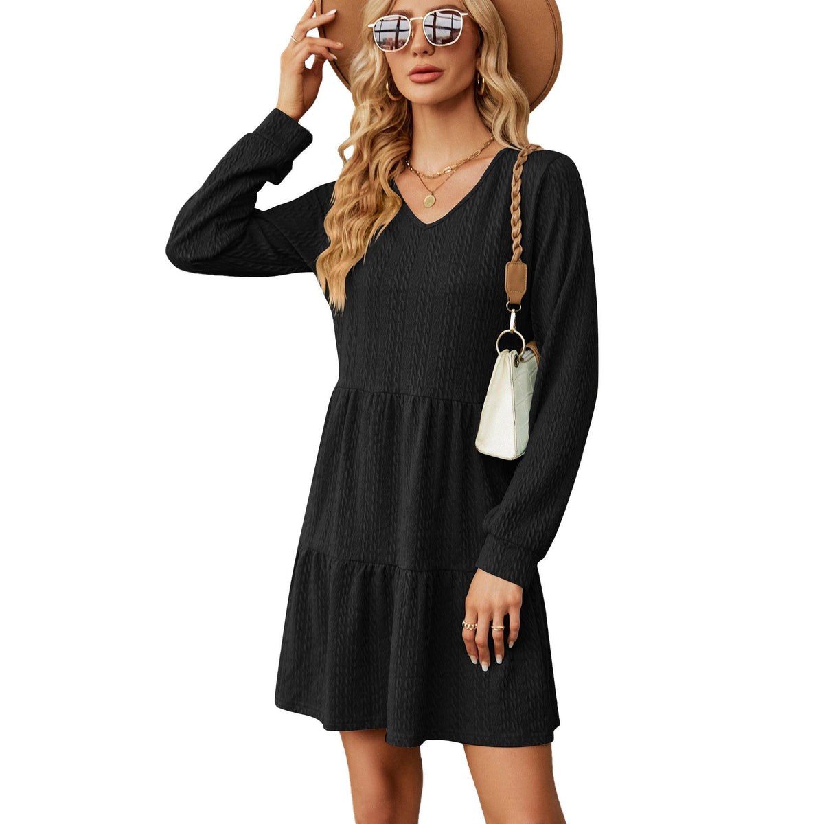 Women's Fashion Solid Color And V-neck Stitching Long Sleeve Loose Dress - Nioor