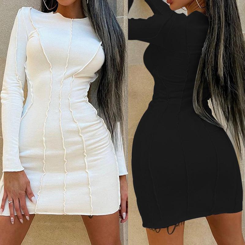 Women's Fashion Solid Color Long Sleeve Narrow Dress - Nioor