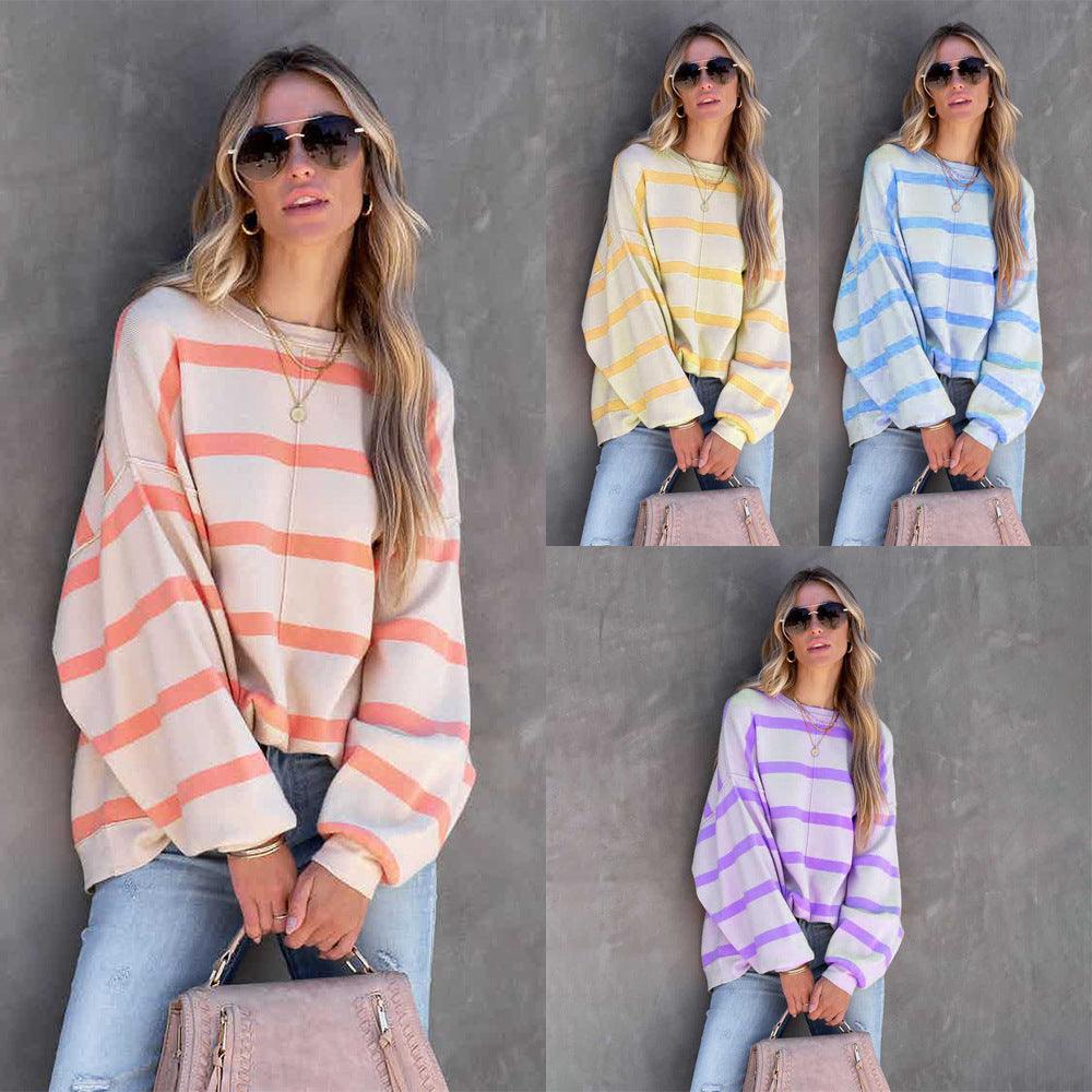 Women's Fashion Striped Printed Long Sleeve Casual Loose Top - Nioor