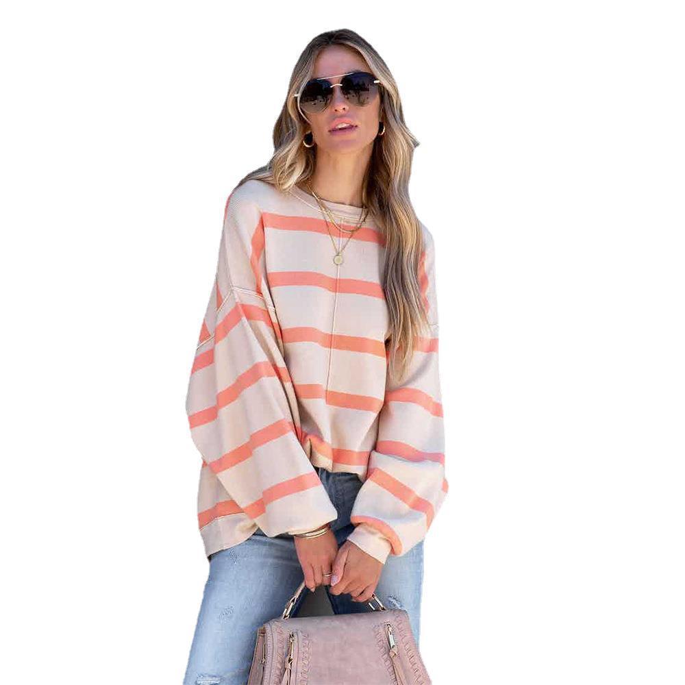 Women's Fashion Striped Printed Long Sleeve Casual Loose Top - Nioor