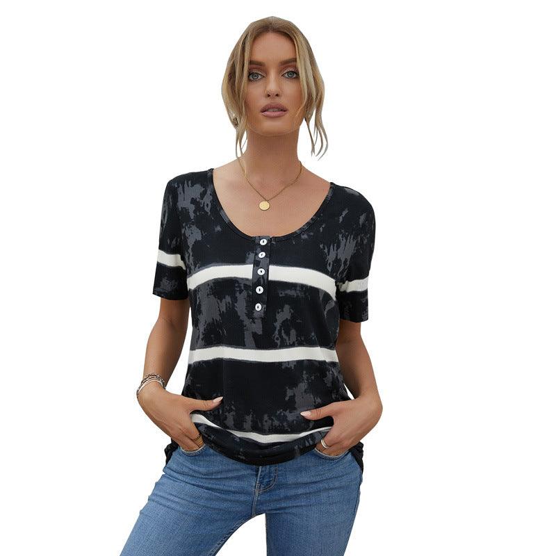 Women's Fashion Striped Short-sleeved T-shirt Tie-dye Top - Nioor