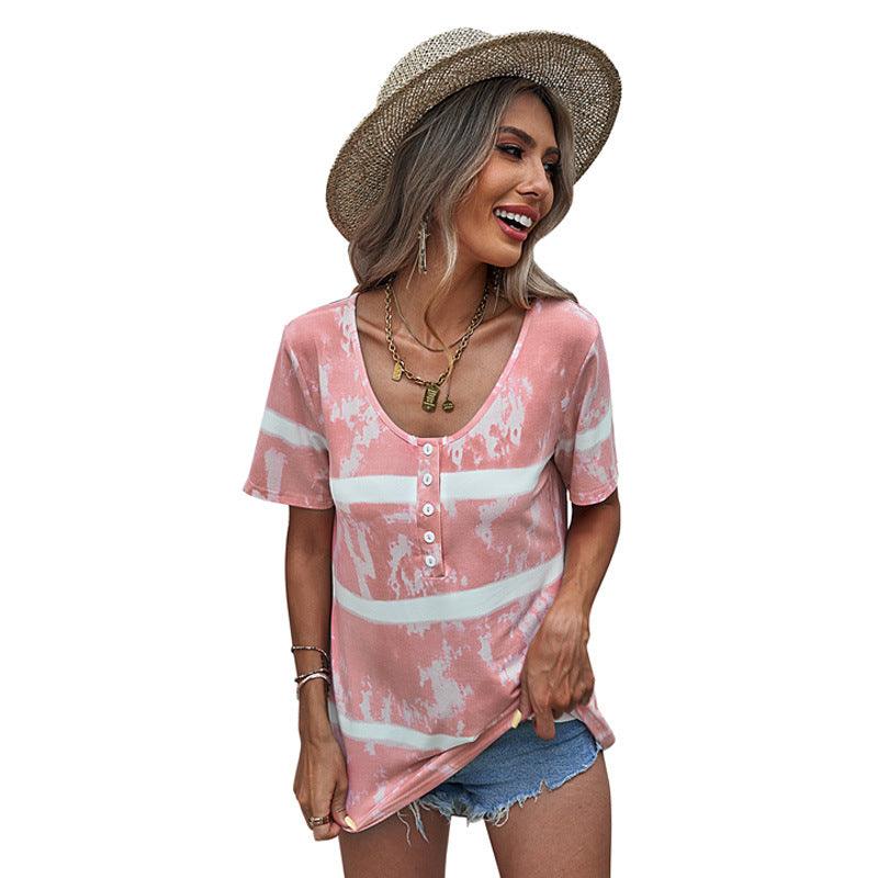 Women's Fashion Striped Short-sleeved T-shirt Tie-dye Top - Nioor