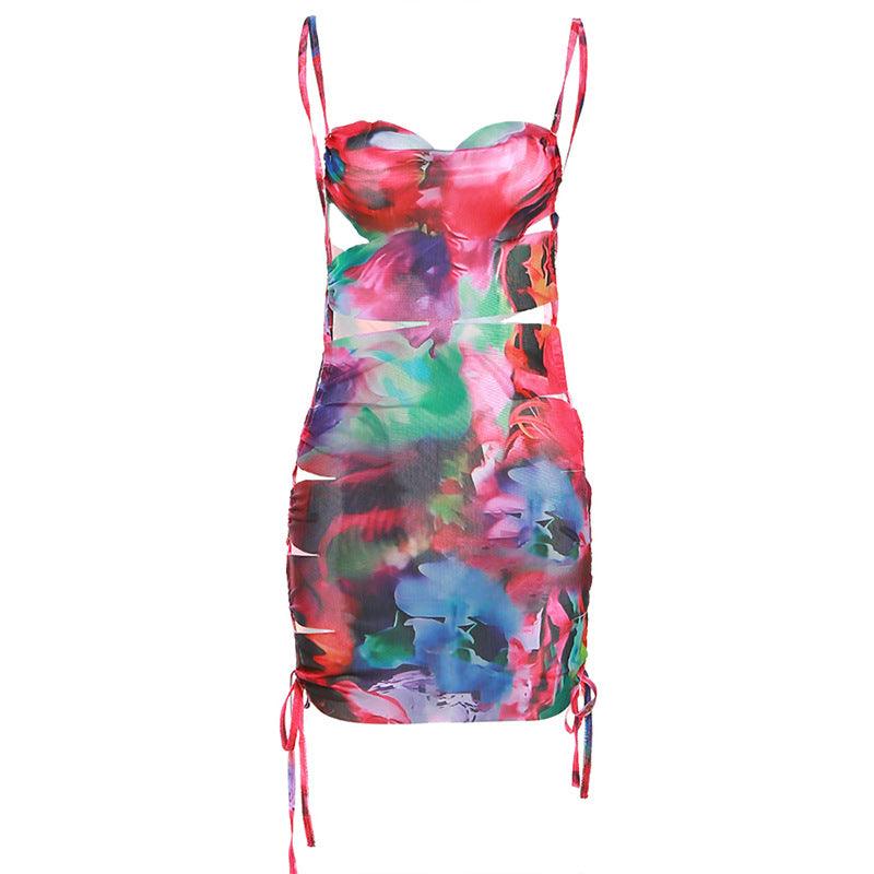 Women's Fashion Suspenders Hollow Backless Printed Dress - Nioor