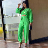 Women's Fashion Temperament Crew Neck Puff Sleeve Short Top Ankle Banded Pants Suit - Nioor