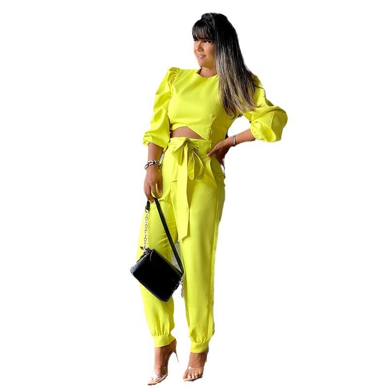 Women's Fashion Temperament Crew Neck Puff Sleeve Short Top Ankle Banded Pants Suit - Nioor