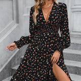 Women's Fashion Temperament High Waist Floral Print Long Sleeve Dress - Nioor