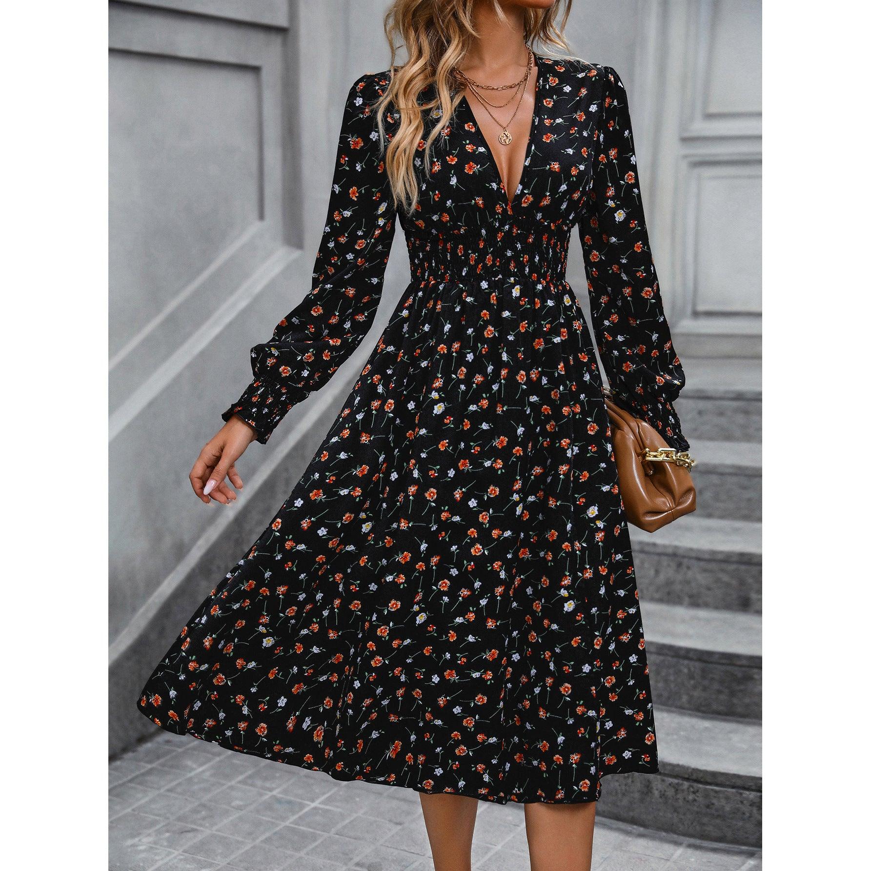 Women's Fashion Temperament High Waist Floral Print Long Sleeve Dress - Nioor