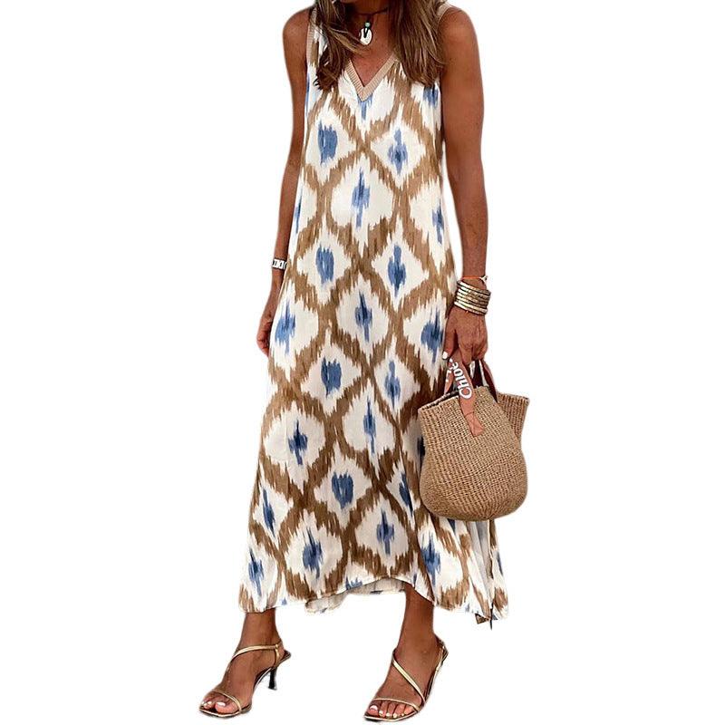 Women's Fashion Temperament Printed Cardigan V-neck Sleeveless Midi Dress - Nioor