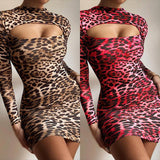 Women's Fashion Tight Long Sleeve Leopard Print Dress - Nioor