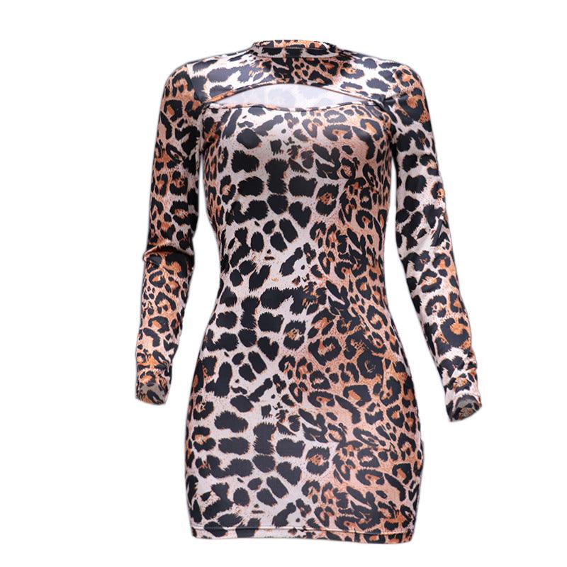 Women's Fashion Tight Long Sleeve Leopard Print Dress - Nioor