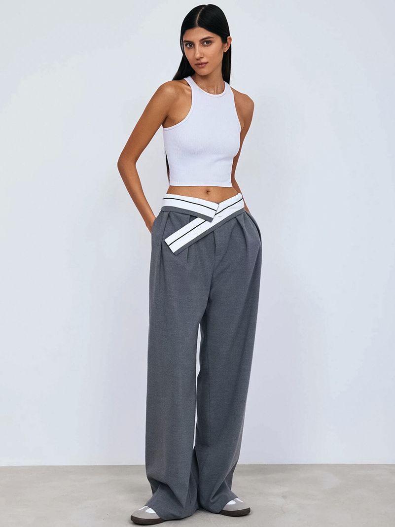 Women's Fashion Versatile Wide Stitching Contrast Color Wide-leg Pants - Nioor