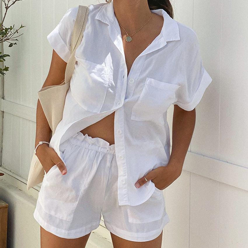 Women's Fashionable Casual Short-sleeved Shirt And Shorts Suit - Nioor