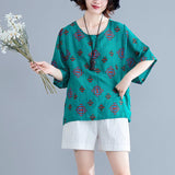 Women's Fashionable Cotton And Linen Printed Loose Round Neck Short Sleeve T-shirt - Nioor