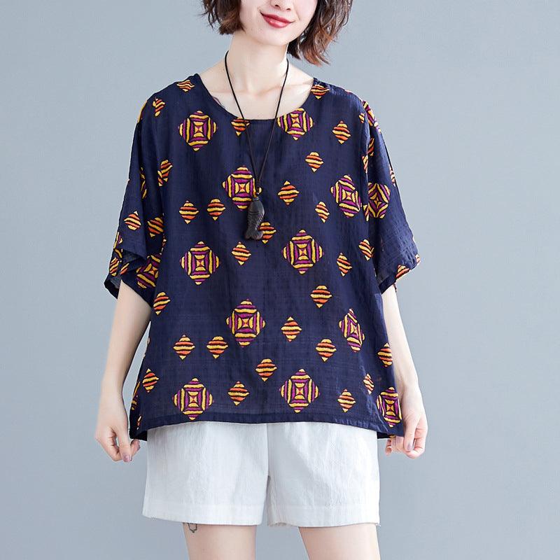 Women's Fashionable Cotton And Linen Printed Loose Round Neck Short Sleeve T-shirt - Nioor