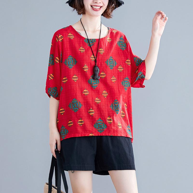 Women's Fashionable Cotton And Linen Printed Loose Round Neck Short Sleeve T-shirt - Nioor