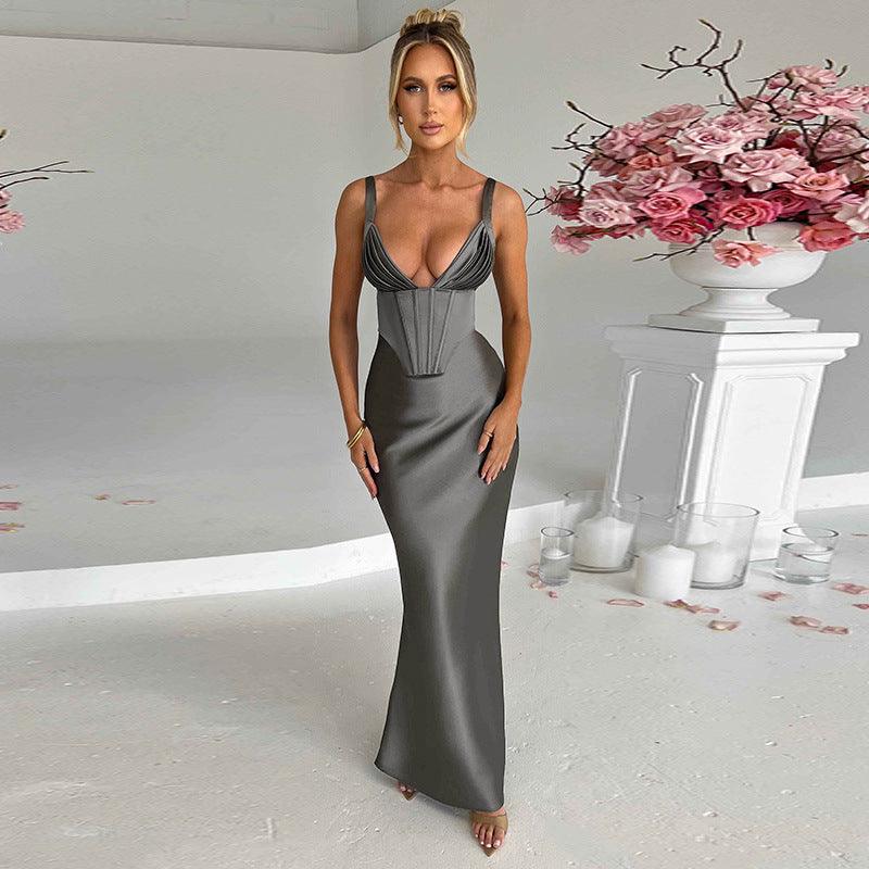 Women's Fashionable Elegant Deep V Satin Slim Strap Dress - Nioor