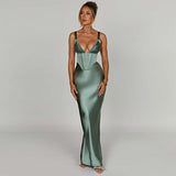 Women's Fashionable Elegant Deep V Satin Slim Strap Dress - Nioor