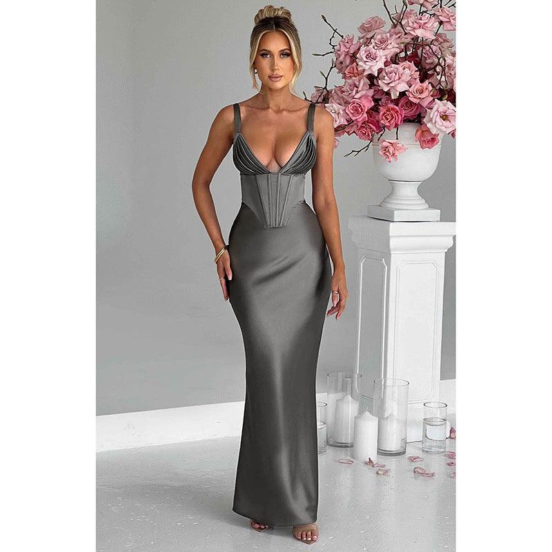 Women's Fashionable Elegant Deep V Satin Slim Strap Dress - Nioor