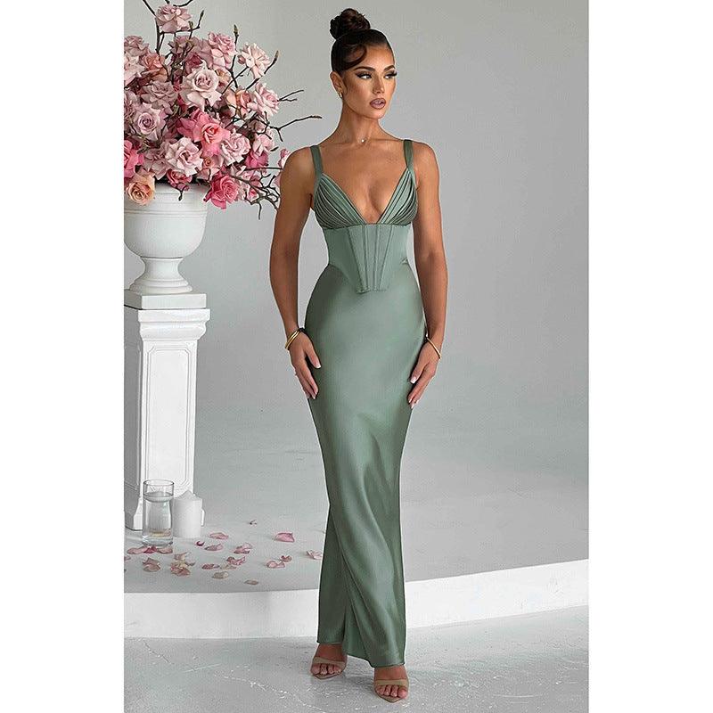 Women's Fashionable Elegant Deep V Satin Slim Strap Dress - Nioor