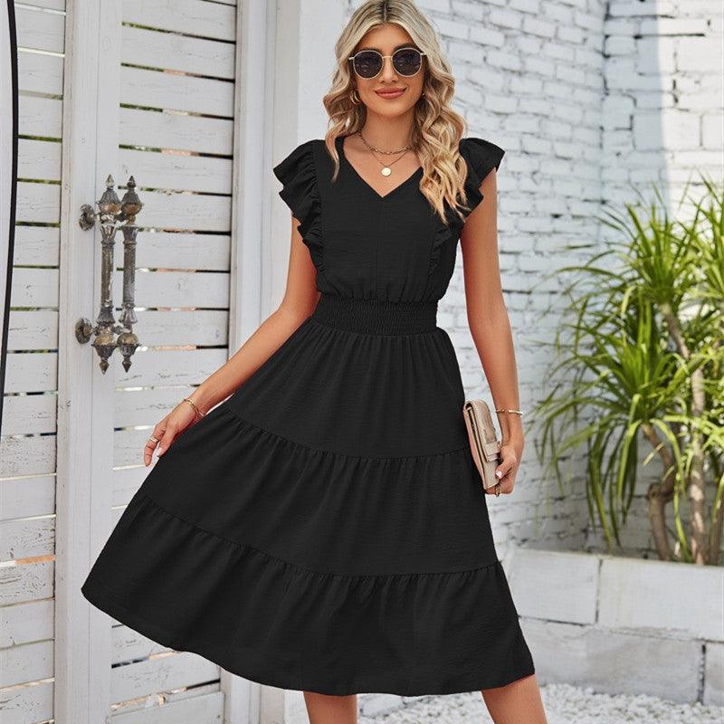 Women's Fashionable Elegant Sleeveless V-neck Waist Pleated Dress With Wooden Ears - Nioor