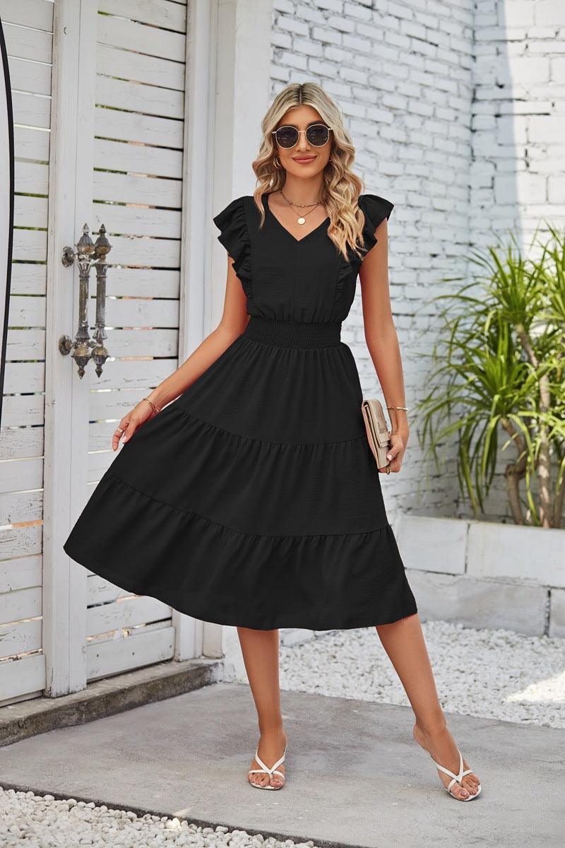 Women's Fashionable Elegant Sleeveless V-neck Waist Pleated Dress With Wooden Ears - Nioor