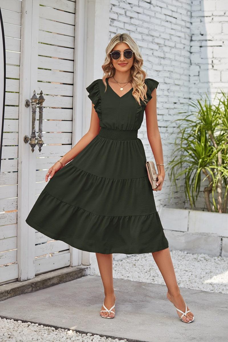 Women's Fashionable Elegant Sleeveless V-neck Waist Pleated Dress With Wooden Ears - Nioor