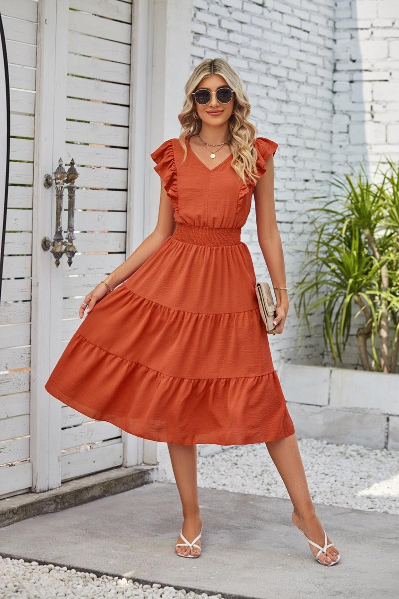 Women's Fashionable Elegant Sleeveless V-neck Waist Pleated Dress With Wooden Ears - Nioor