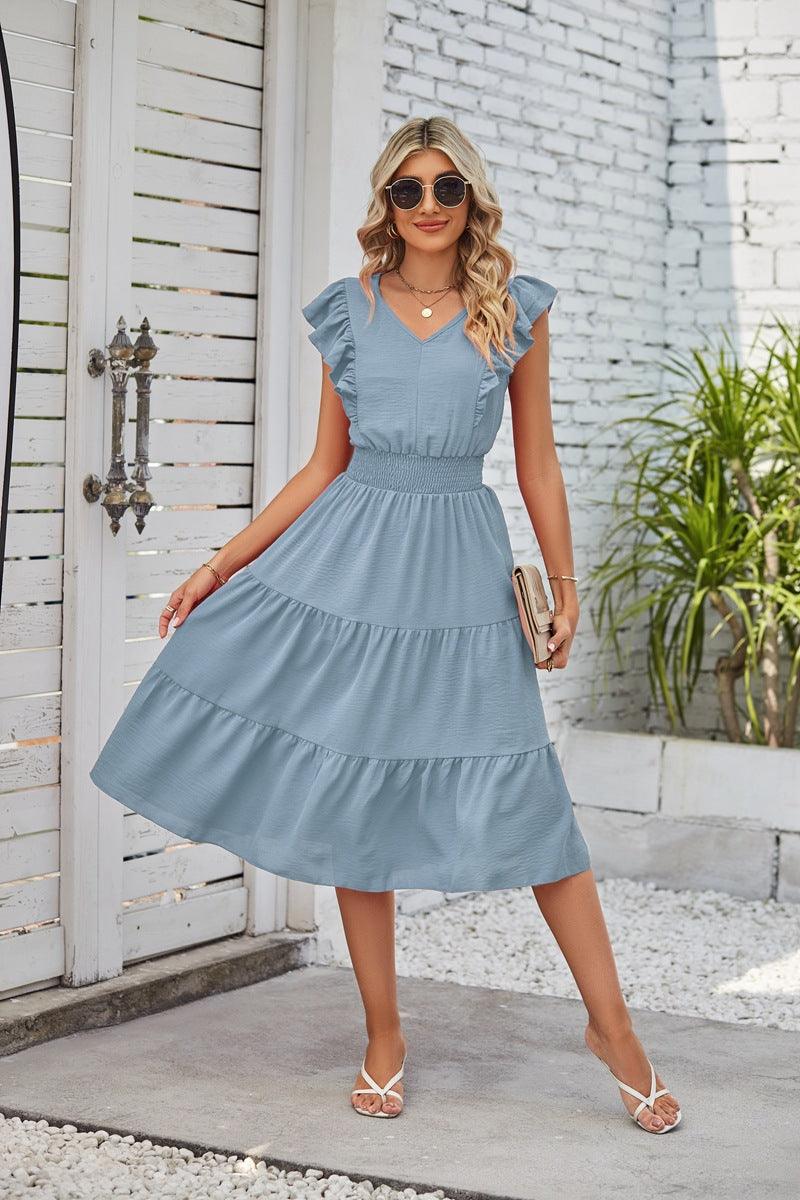 Women's Fashionable Elegant Sleeveless V-neck Waist Pleated Dress With Wooden Ears - Nioor