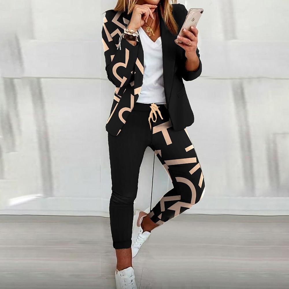 Women's Fashionable Printed Long-sleeved Lapel Suit Casual Suit - Nioor