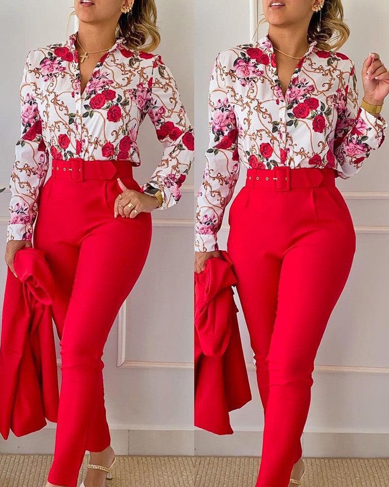 Women's Fashionable Printed Long-sleeved Shirt And Trousers Suit - Nioor