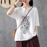 Women's Fashionable Retro Embroidered Chinese Knot Button V-neck Short-sleeved Top - Nioor