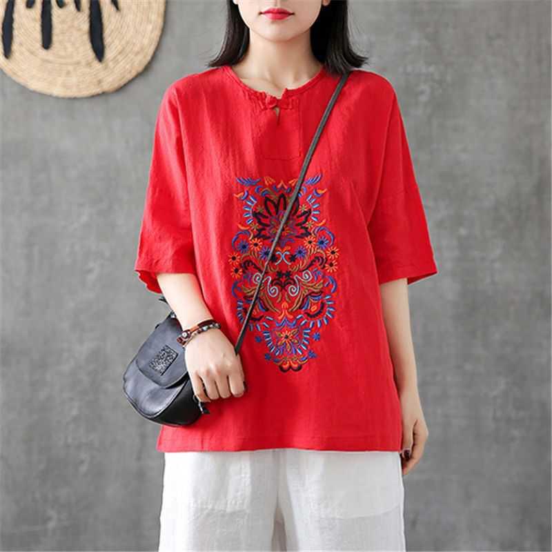 Women's Fashionable Retro Embroidered Chinese Knot Button V-neck Short-sleeved Top - Nioor