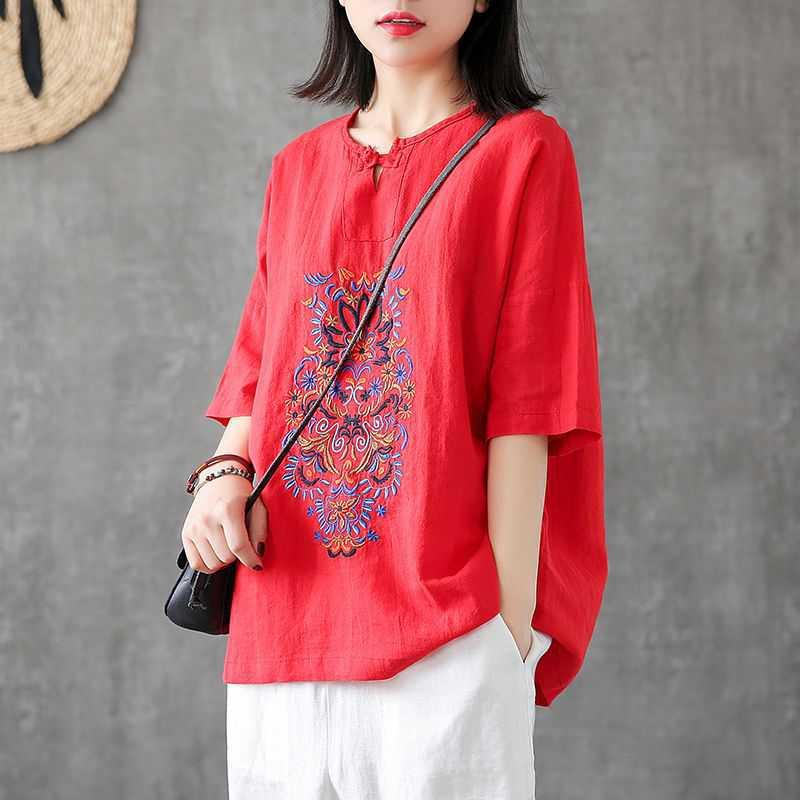 Women's Fashionable Retro Embroidered Chinese Knot Button V-neck Short-sleeved Top - Nioor