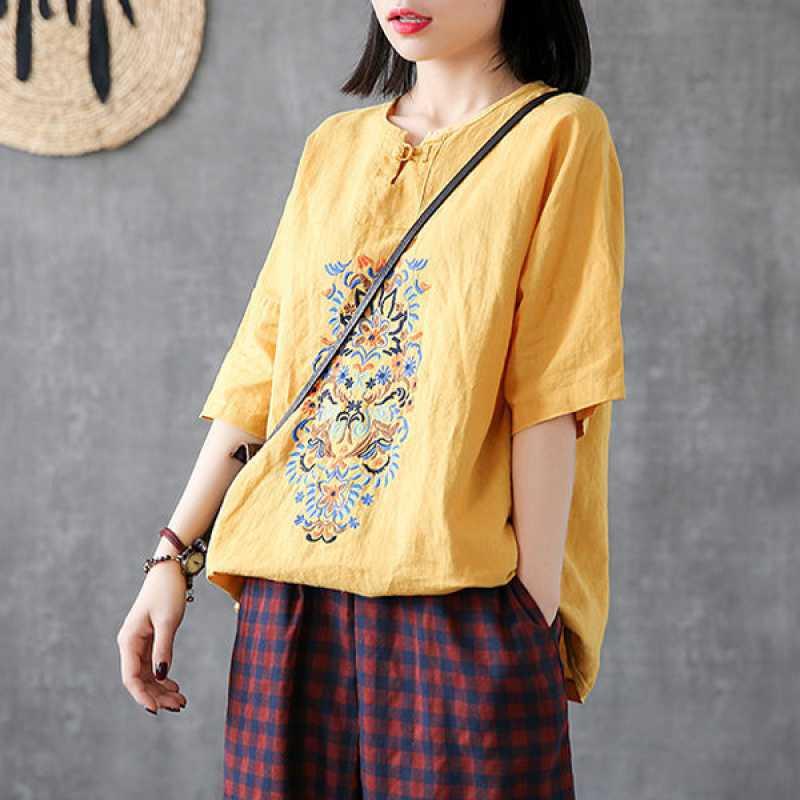 Women's Fashionable Retro Embroidered Chinese Knot Button V-neck Short-sleeved Top - Nioor