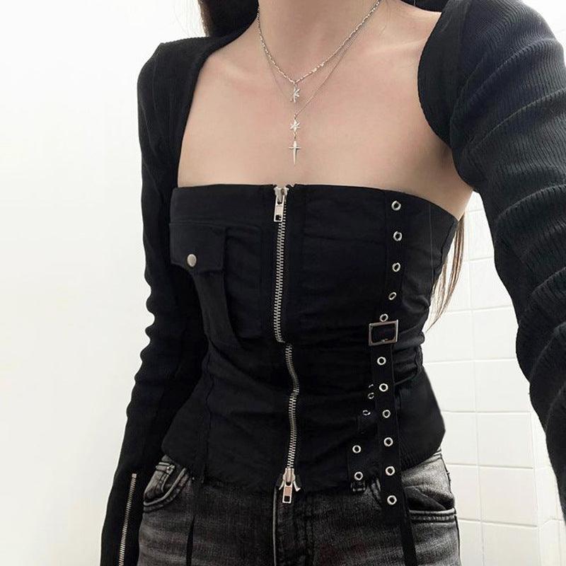 Women's Fashionable Simple Cargo Pocket Zipper Slim Fit Waist Tube Top - Nioor