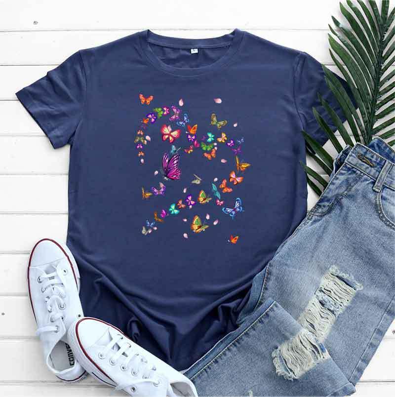 Women's Fashionable Simple Heart Butterfly Printed Round Neck Short Sleeve T-shirt - Nioor